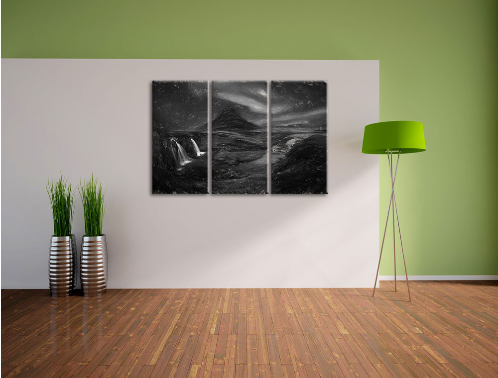 3-tlg. Leinwandbild-Set „Kirkjufell Wasserfall mit Nordlichtern“, Kunstdruck