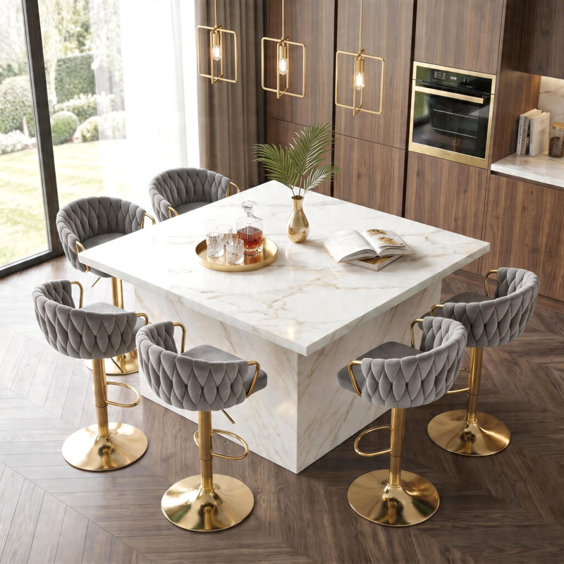 Swivel Upholstered and Velvet Bar Stool, Grey