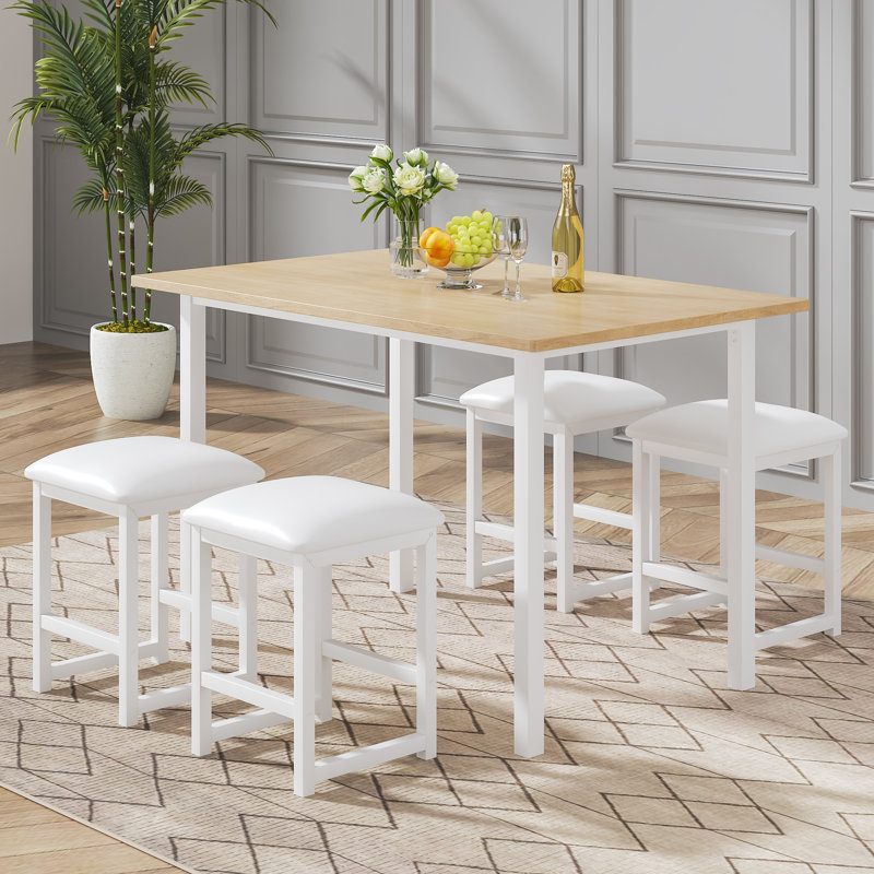 Modern Kitchen Table And Chairs For 4,Dining Room Set With PU Stools  Heavy-Duty Metal Frame Wood Pub Bar Table Set For Breakfast Small Space Living Room