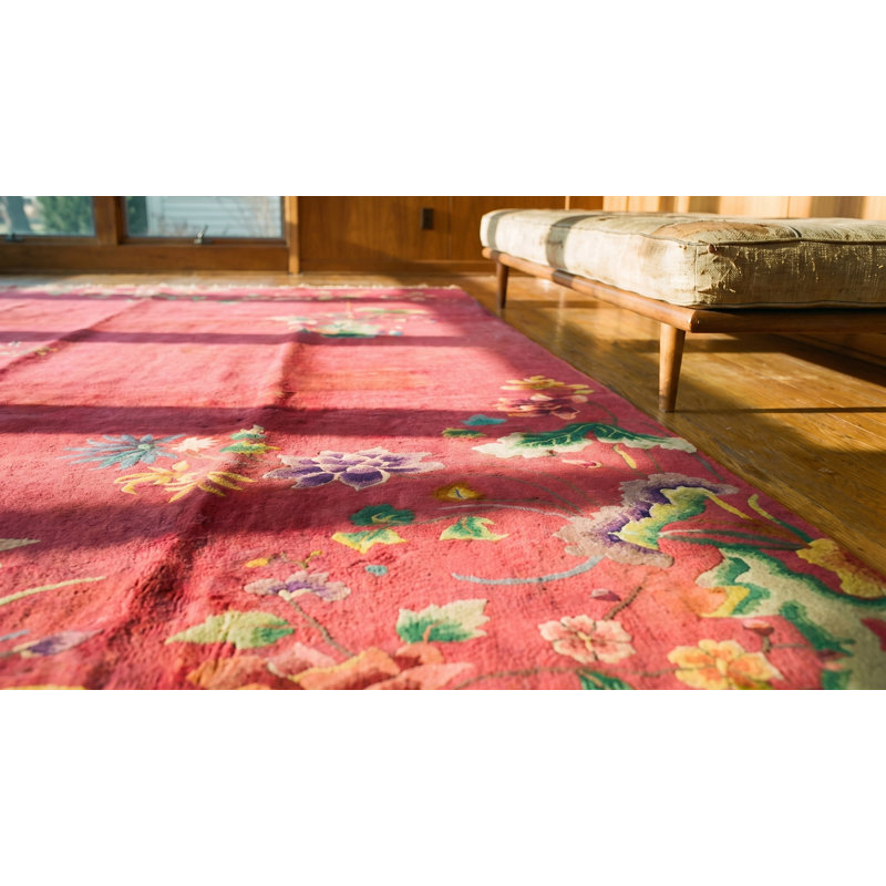 Chinese Art Deco 1920s Antique Rectangle Knotted Room Size Coral Wool Rug