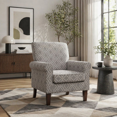 Traditional Rolled Arm Accent Chair with Solid Birch Wood Frame, Printed Upholstered Armchair for Living Room Office