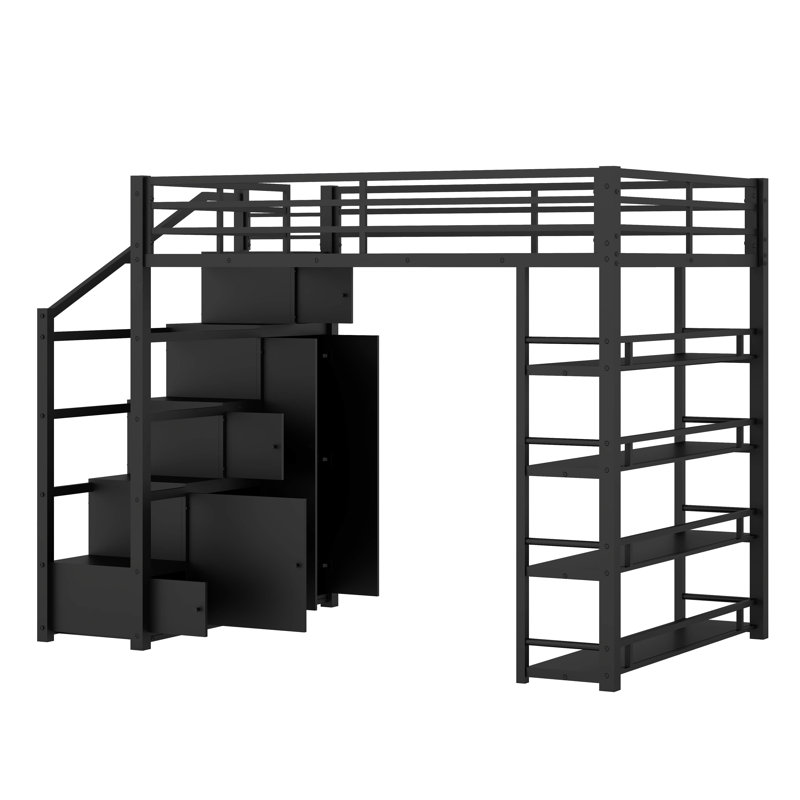 Lit mezzanine double en métal avec tablettes de rangement, armoires et garde-robe