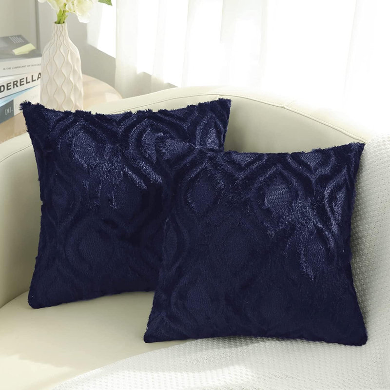 Decorative Throw Pillow Covers 24X24 Set Of 2, Soft Plush Faux Wool Couch Pillow Covers, Green, Navy Blue