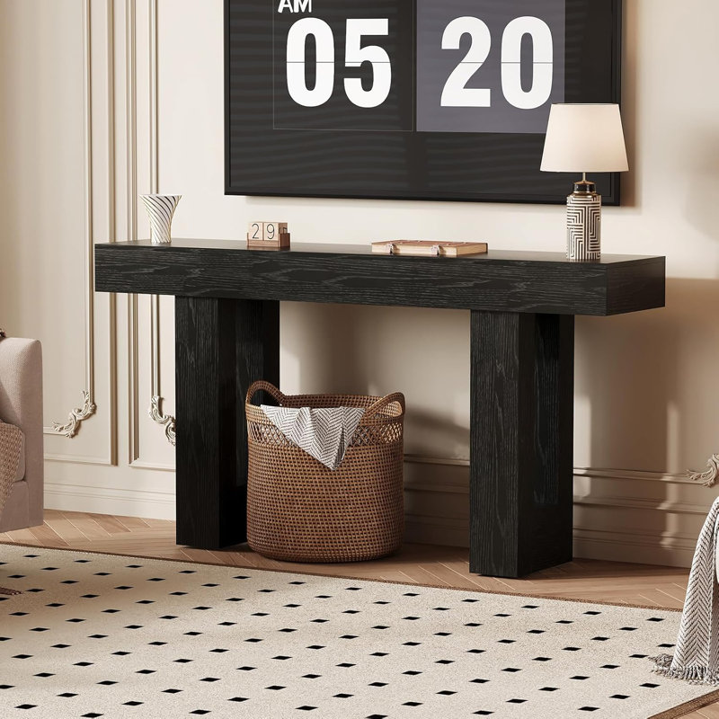 63" Console Sofa Table with Charging Station, Narrow Entryway Table, Black
