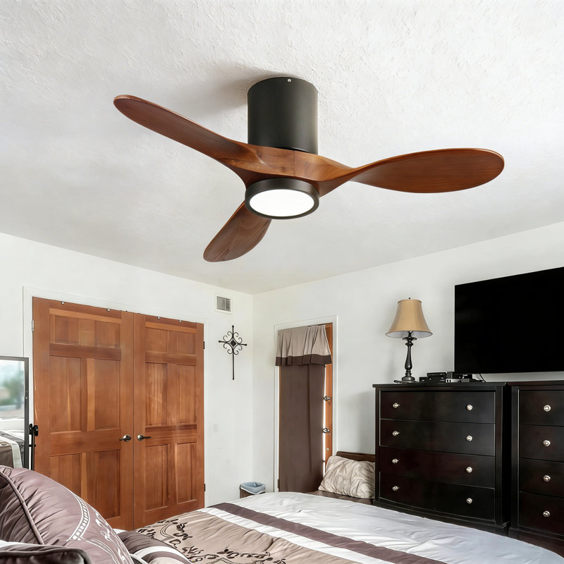 42 po Ventilateur de plafond encastré standard noir à 3 pales en bois avec lumière DEL à spectre complet et télécommande