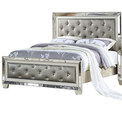 Transitional King Size Bed With Silver Faux Leather Button Headboard And Mirror Trim, Built Plywood Pine, Suitable For Ultra - Modern Bedrooms Frame Glamorous Accents, Constructed Of Ideal