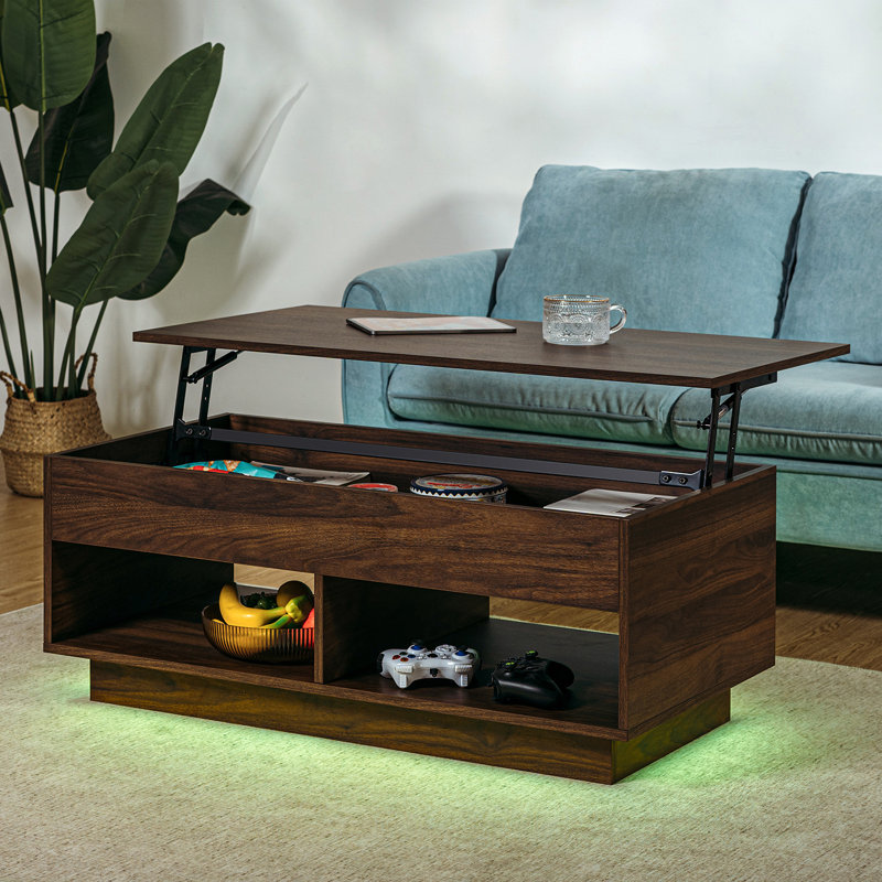 Lift Top Coffee Table With LED Light & Hidden Compartment & Open Shelves, Brown