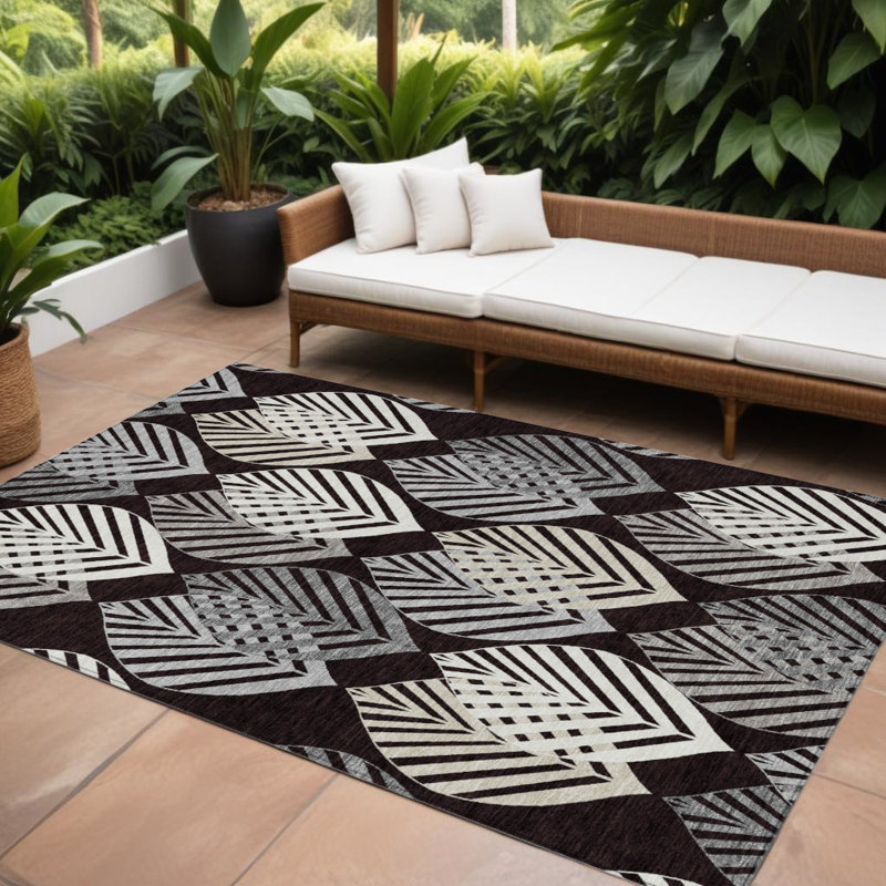 Tapis extérieur lavable floral noir et gris anthracite 10 pi x 14 pi