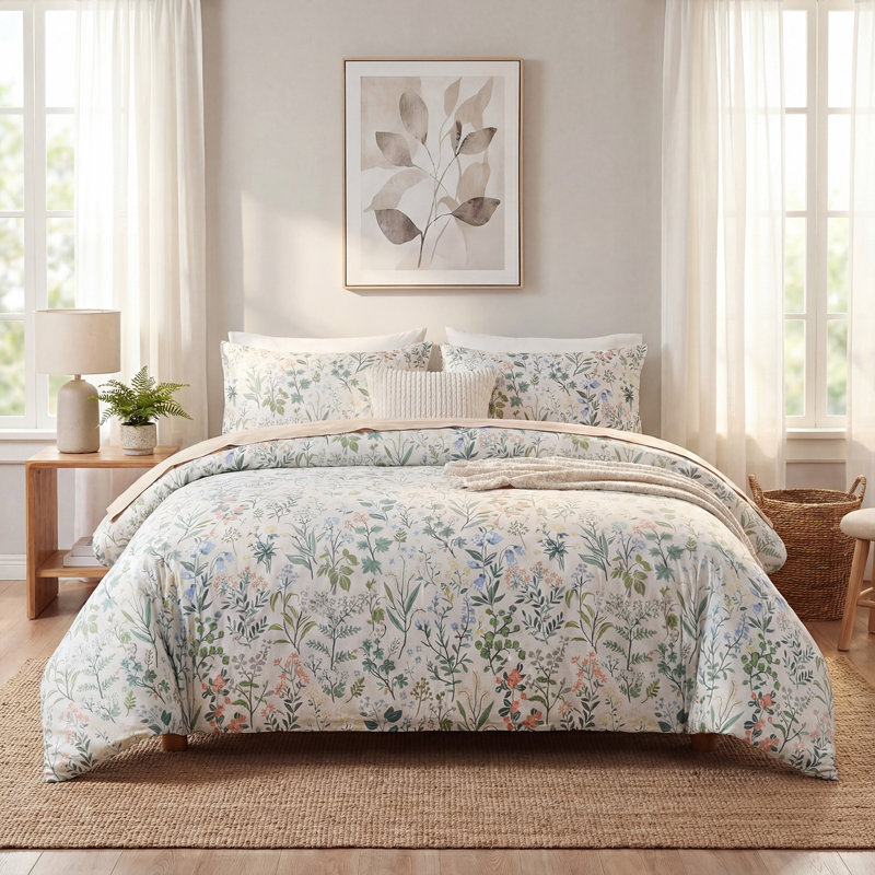 Ensemble d'édredon à motif floral vert 100% coton 3 pièces Ensembles de literie rétro réversible doux et léger pour toutes saisons