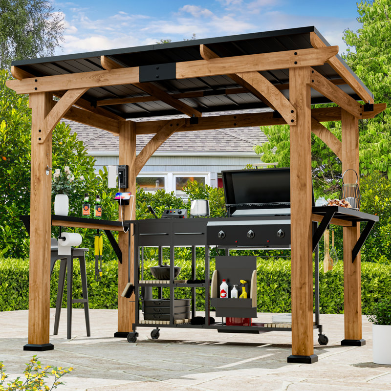 Fusion 6' x 8' Cedar Wood Hardtop Grill Gazebo With Charging Socket, Rotatable Hooks and Paper Towel Holder