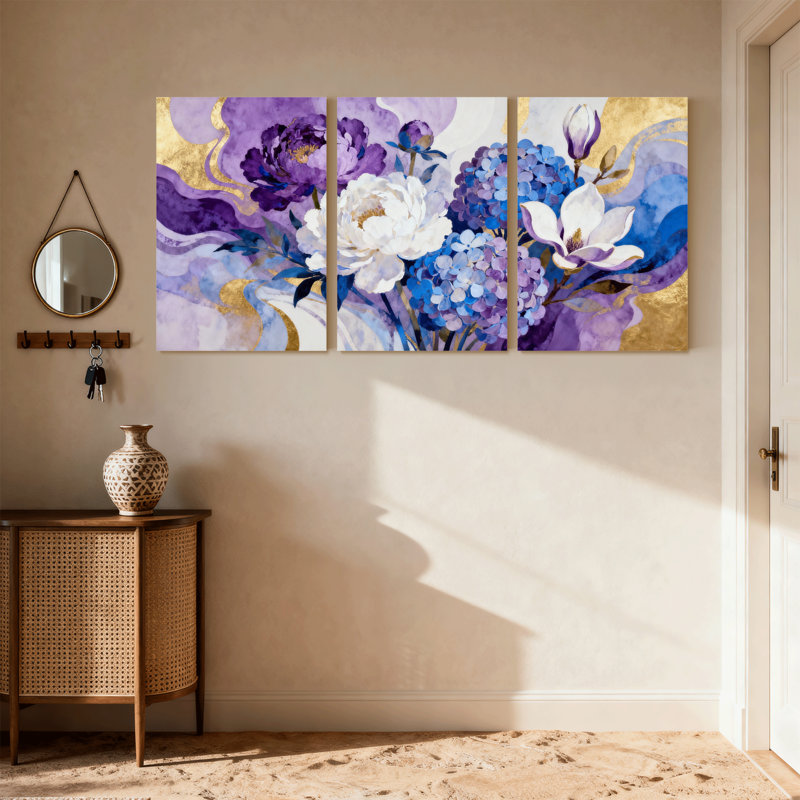 Plantes et fleurs, impression d'art floral abstrait mauve et or, ensemble de 3 impressions sur toile, H 18 po x l 36 po