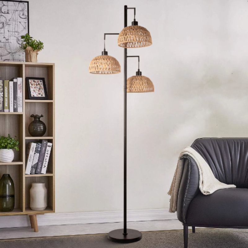 Lampe sur pied en rotin bohémien - Lampe sur pied réglable avec abat-jour rond en cage