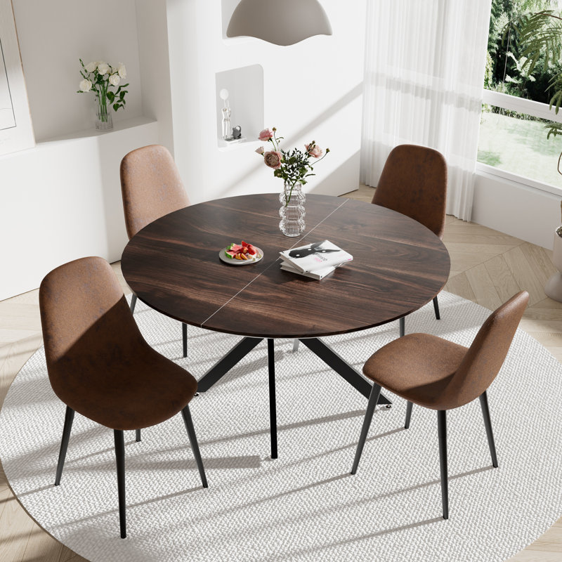 47in Round Dining Table Set for 4-6 Person, 5, Brown