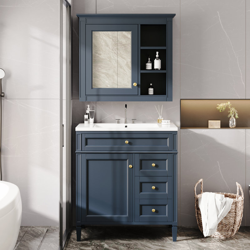  Meuble-lavabo moderne de 30 po avec lavabo et miroir, armoire de rangement moderne avec 2 tiroirs et tiroir basculant, bleu marine