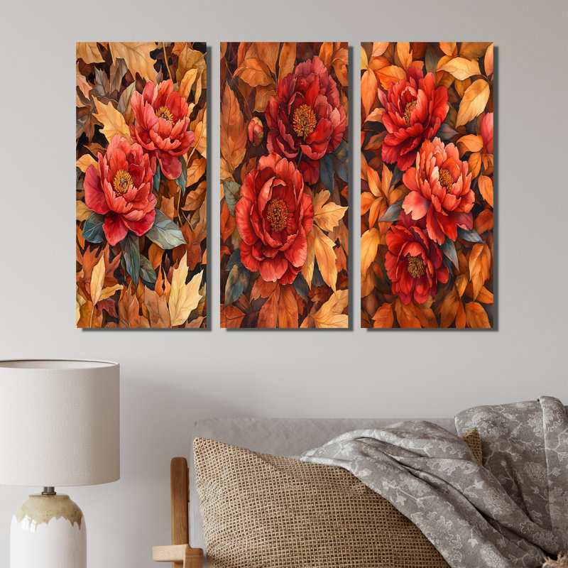 Pivoines rouges parmi les feuilles d'automne I - Collection de grandes décorations murales pivoines, H 28 po x l 36 po