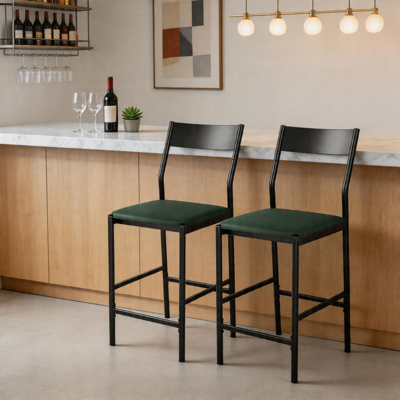 Set of 2 Counter Height Bar Stools with Backrest & Footrest for Kitchen and Bar, Green