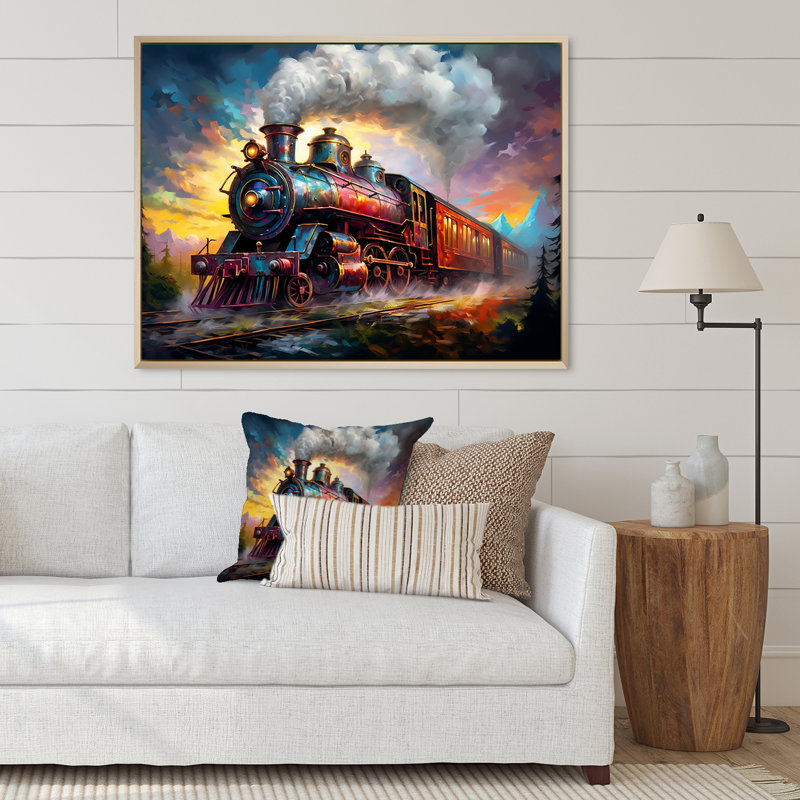 "Steamtrain Travelling In The Sunset", reproduction d'art sur toile I, H 16 po x l 32 po x P 1 po, Cadre naturel flottant