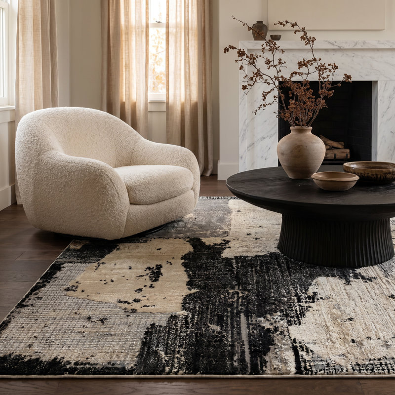Tapis intérieur / extérieur à patchwork abstrait noir / beige 8 pi x 11 pi (7 pi 10 po x 10 pi 10 po) Atlas Branch