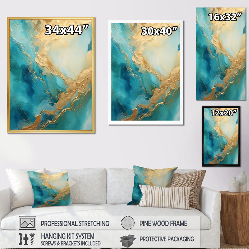 «Gold Teal», impression sur toile, Cadre flottant doré, H 40 po x l 30 po x P 1,5 po