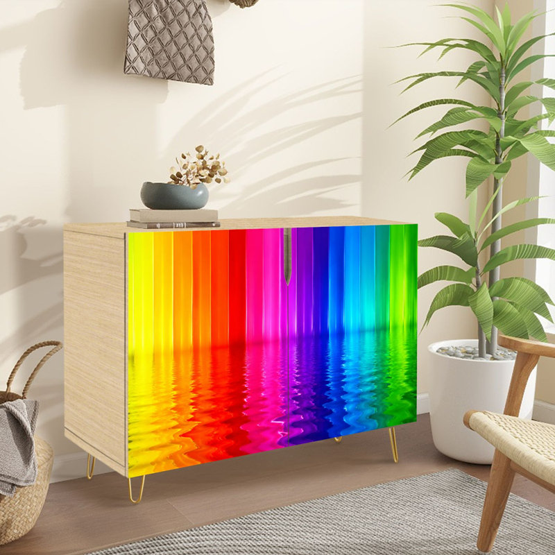 Buffet étroit de 35,4 po de largeur - armoire de rangement d'appoint à 2 portes avec imprimé de lignes verticales en dégradé arc-en-ciel et pieds en métal