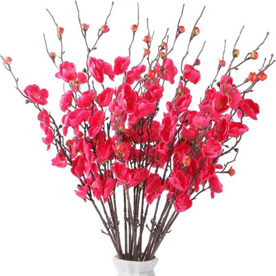 Set Of 8 Artificial Cherry Blossom Branches With Buds 23.6" Long Stem Flowers For Home Decor Wedding Centerpieces, Rose Red