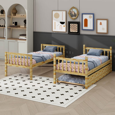 Lit superposé simple en bois d'hévéa avec lit gigogne, transformable en deux lits séparés