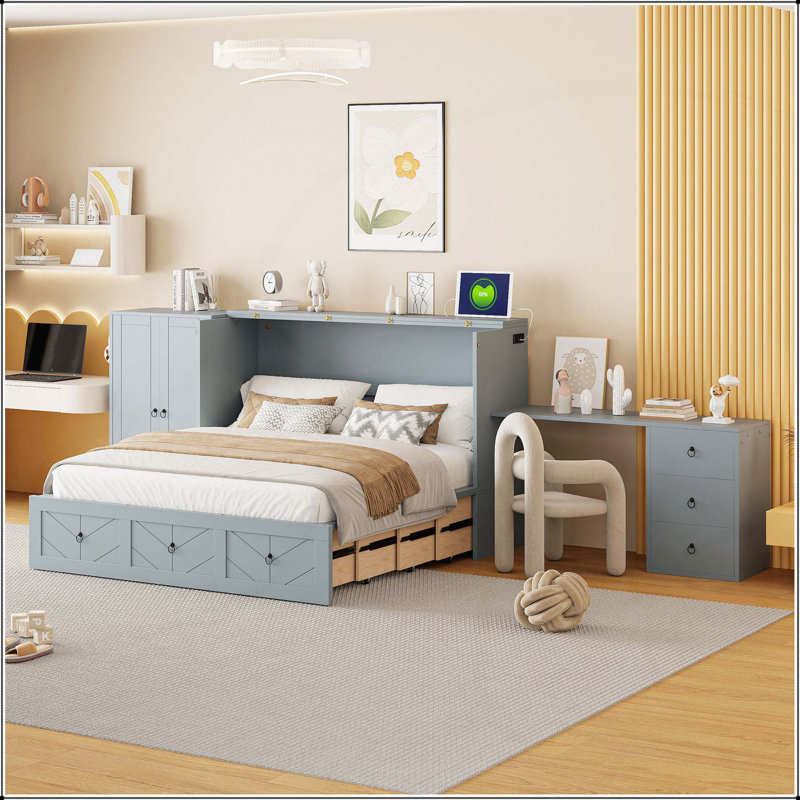 Grand lit escamotable avec port USB, gris