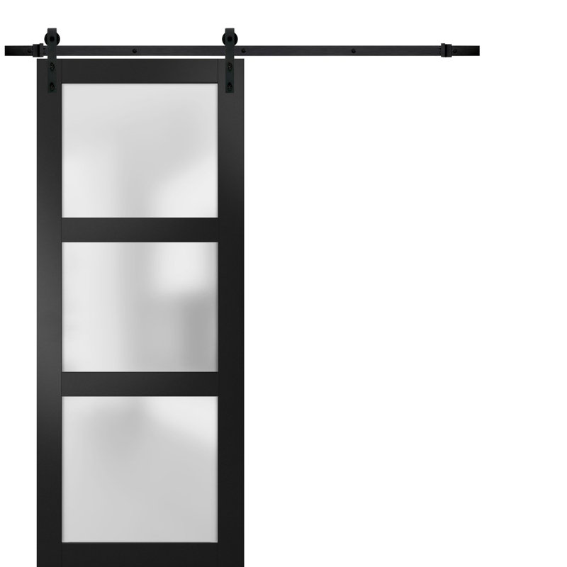 Porte de grange en verre givré Lucia avec quincaillerie d'installation, Noir, Noir mat, 42 po x 96 po