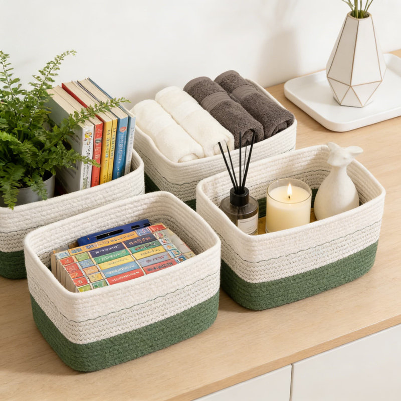 Woven Storage Baskets For Organizing, Decorative Cotton Rope Baskets For Shelves, Small Baskets For Toys, Books, Towels And Home Essentials