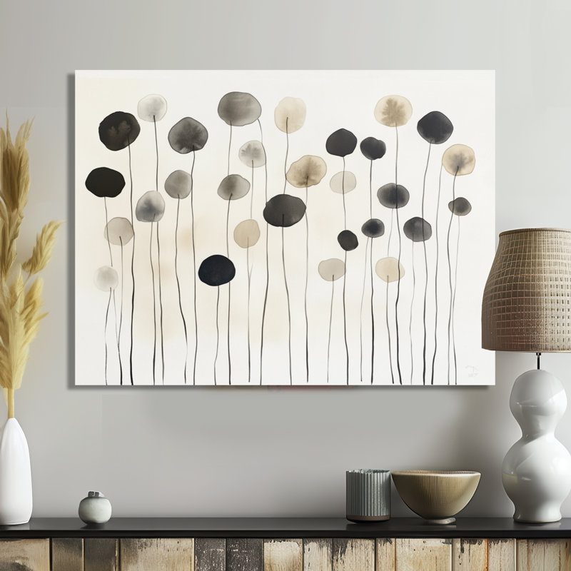 Têtes de graines à l'encre II - Toile botanique abstraite beige, H 12 po x l 20 po, Toile tendue