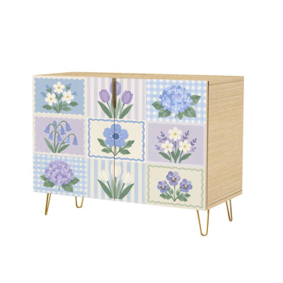 Sideboard Buffet Cabinet with 2 Doors Floral Patterns Featuring Vintage patterns Forget Me Nots Modern Accent Console Table Standing Wooden Storage Cupboard Credenza for Kitchen Dining Room Living Room Entryway Coffee Bar Station