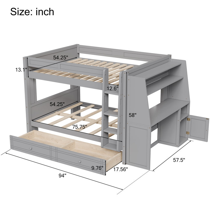 Full Size Bunk Bed with Desk, Bookshelves & Drawers — Space-Saving Multifunctional Kids Bed, Grey, Grey