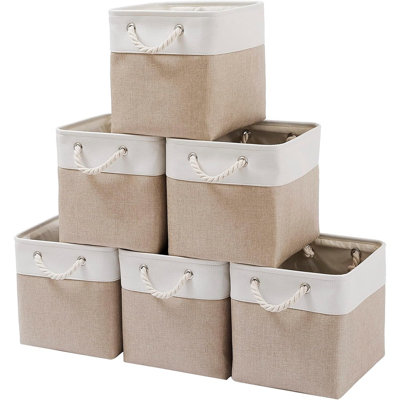 Ensemble de 6 cubes de rangement pliables en tissu blanc et beige