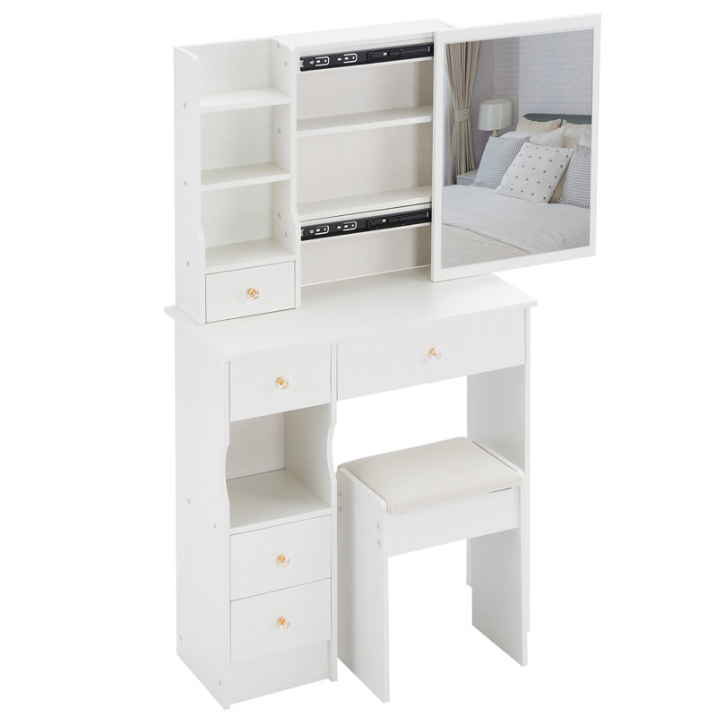 29.2" Small Space Left Drawer Desktop Vanity Table + Cushioned Stool, White