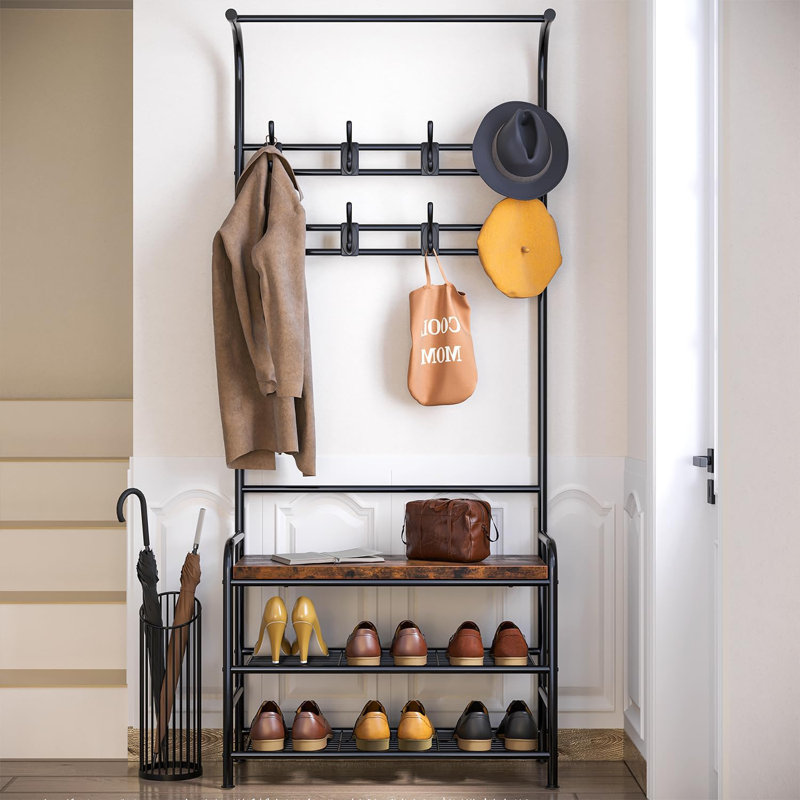 Portemanteau avec banc et rangement pour chaussures, Noir / brun