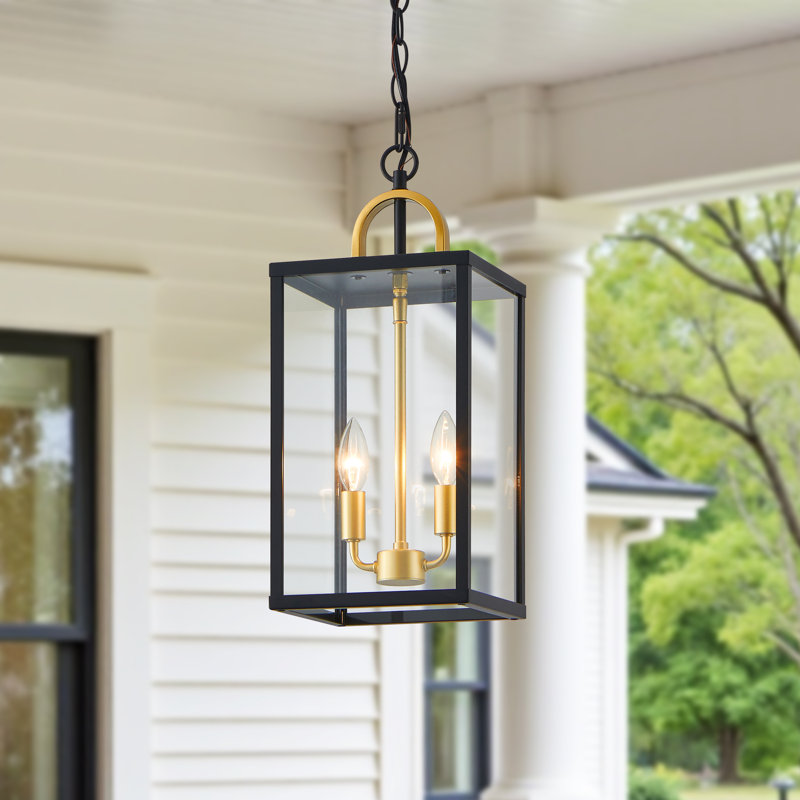 2-light Outdoor Hanging Lantern with Clear Glass Shade, Matte Black/Gold