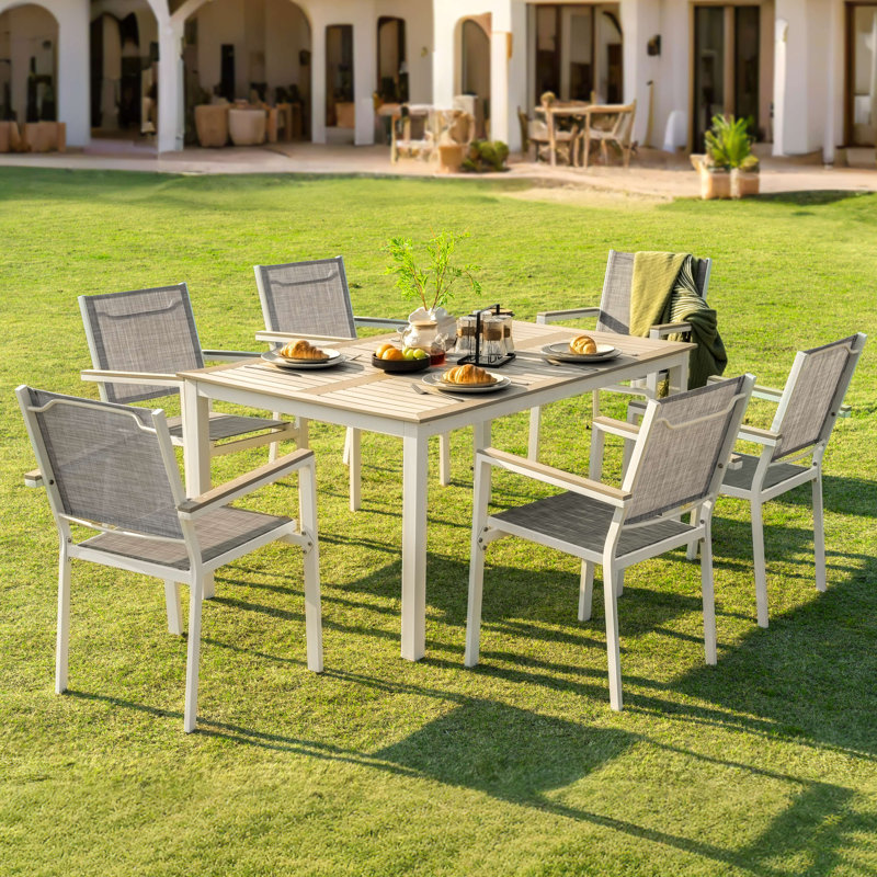 7-piece Outdoor Dining Set With Umbrella Hole, Stackable Chairs