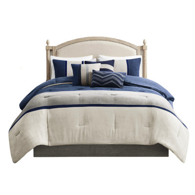 7 Piece Comforter - Queen Size Blue Faux Suede Washable With Comforter, Shams, Pillows, Bed Skirt Soft Touch Fill Machine