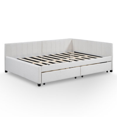Full Size Daybed With 2 Storage Drawers,l-shaped Upholstered Linen Fabric Sleeper Sofa Bed Couch,no Box Spring Needed For Guest And Adults,beige
