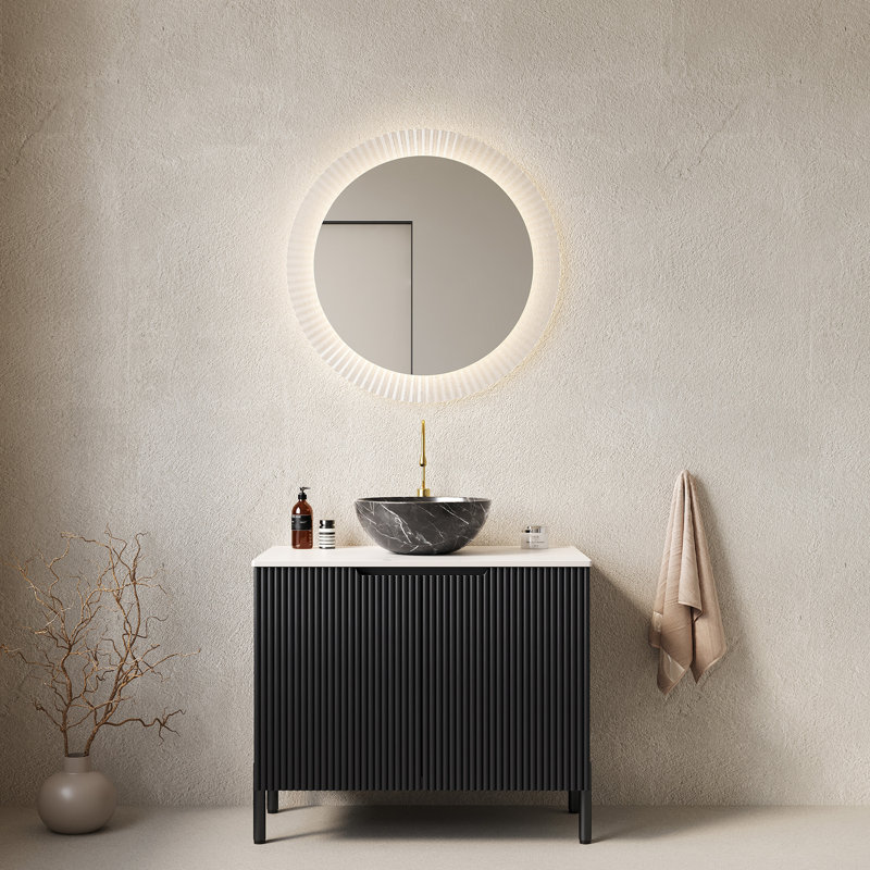 Meuble-lavabo de salle de bain 30 po avec lavabo, meuble de rangement autoportant avec 2 portes, cuve en céramique noire avec motif en pierre et comptoir en pierre frittée blanc de Carrare, sans robinet, couleur noire