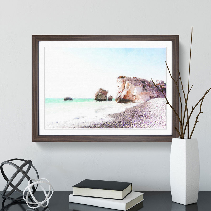White Sand Beach in Cyprus - Picture Frame Painting Print on MDF, Walnut Framed, 62cm H x 87cm W x 2cm D
