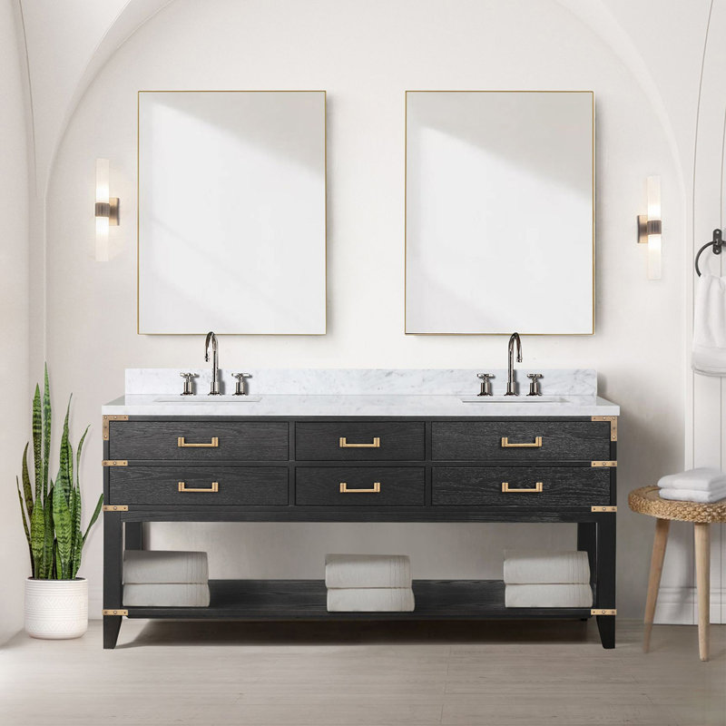 Ensemble de meuble-lavabo double avec plateau en marbre de Carrare et robinet