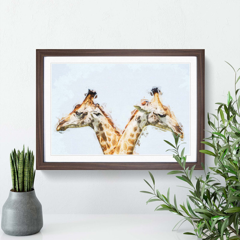 Giraffes Looking Both Ways - Picture Frame Graphic Art Print on MDF, Walnut Framed, 27cm H x 36cm W x 2cm D