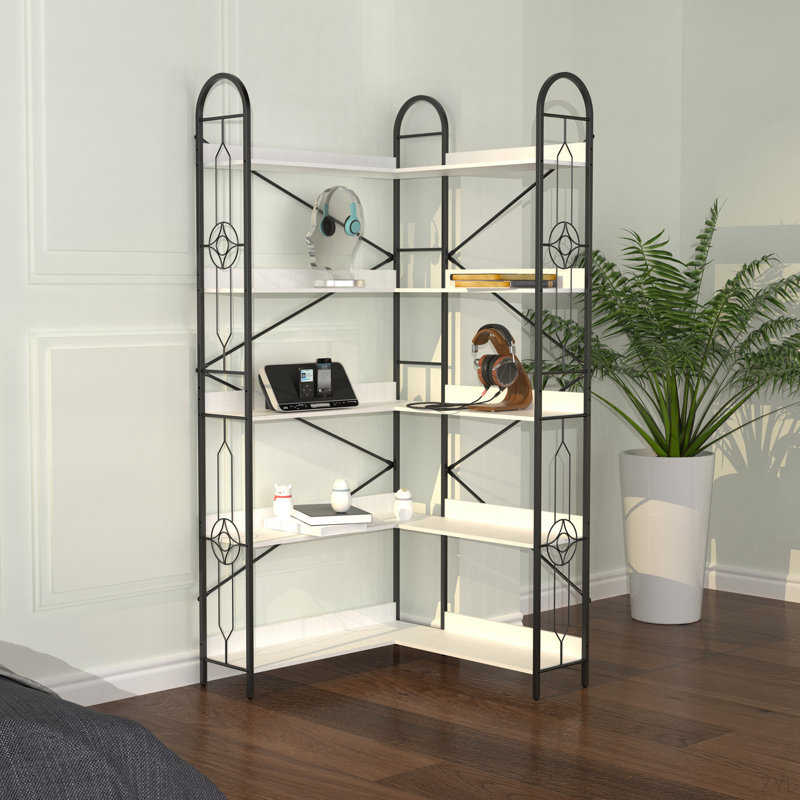 Corner Shelf, Industrial Corner Bookshelf, Wood And Metal Corner Etagere Bookcase, L Shaped Bookshelf Freestanding Display Shelf