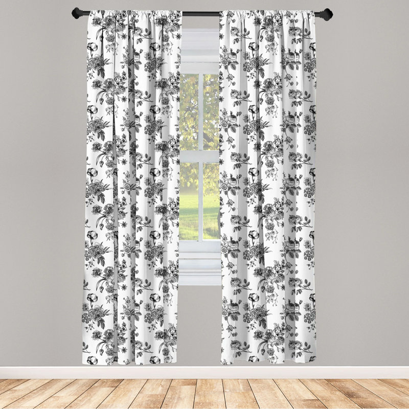 Victorian Black and White Floral Polyester Curtain Panels, 28" x 63"