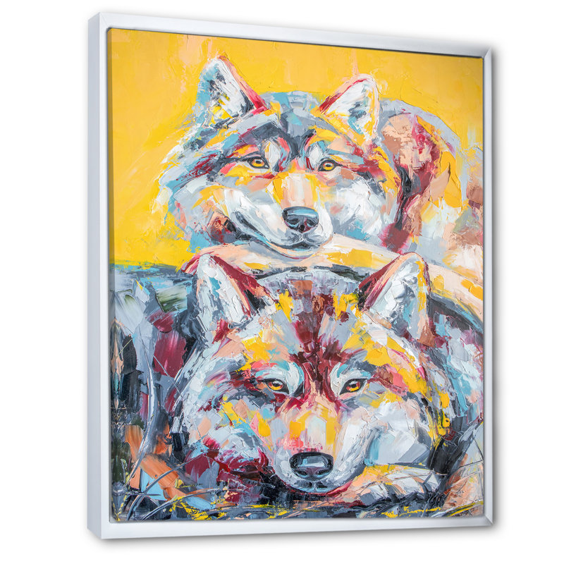 Loup coloré, faune et émotion - Peinture, H 40 po x l 30 po x P 1,5 po, Cadre flottant blanc