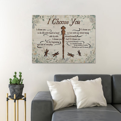 Les libellules en bois - «I chois you to do life with main dans la main côte à côte», reproduction d'art graphique sur toile tendue