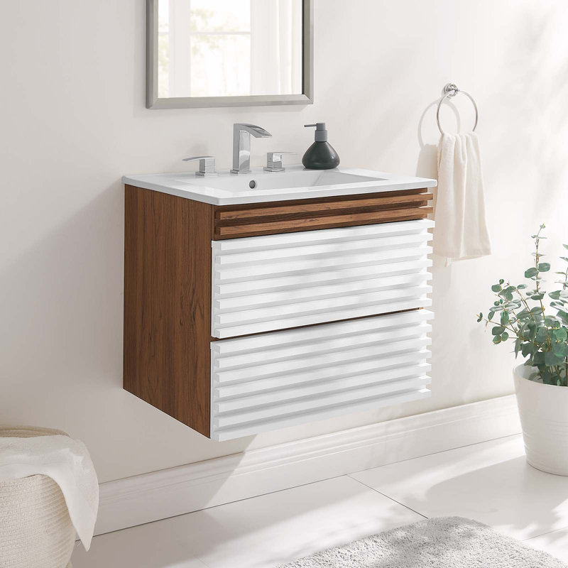 Render 24.5" White and Walnut Wall-Mount Bathroom Vanity