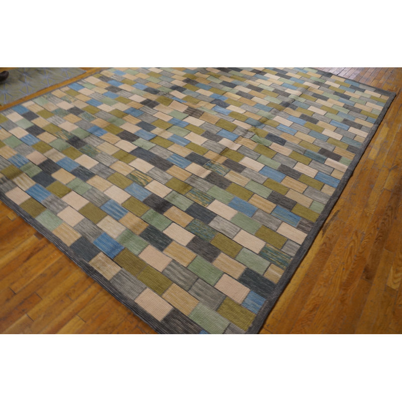 Tapis jaune / bleu / vert en laine noué à la main de conception unique 8 pi x 10 pi