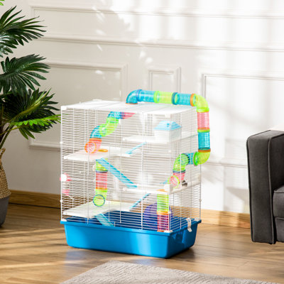 Habitat pour hamster de 23 po - 5 avec tubes et tunnels - poignées de transport portatives incluses avec roue d'exercice, bouteille d'eau, plat à nourriture, cage en acier bleu par 5 étages